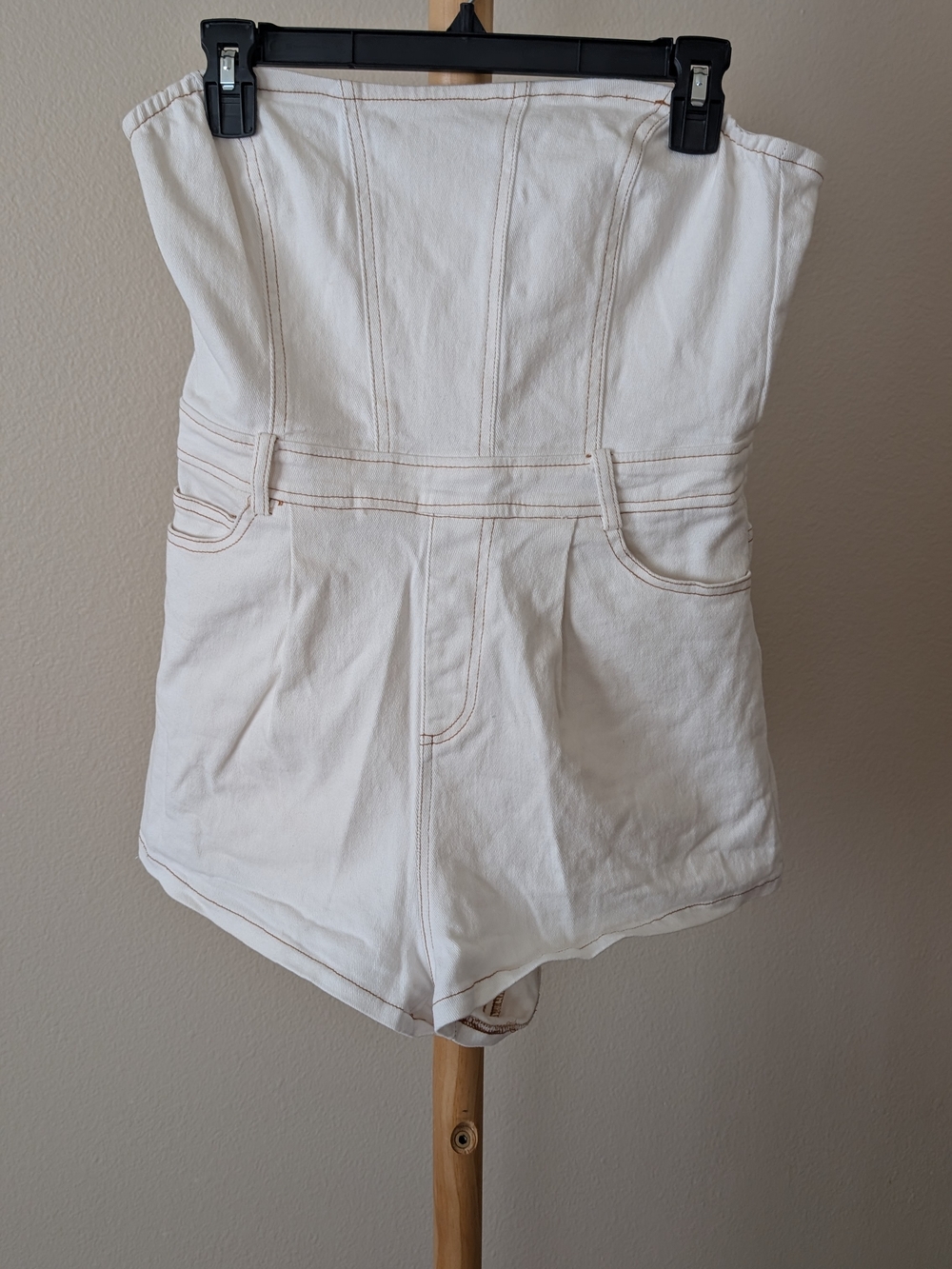 Le Lis Cream Strapless Denim Romper with Brown Topstitch